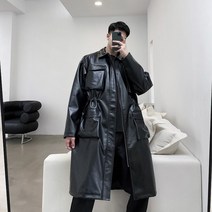 남성 트렌드 입체포켓 루즈핏 롱 가죽 트렌치코트 자켓