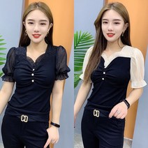 빌리즈빈 린넨타이블라우스 봄 여성 브리넥 레이스 퍼프 블라우스 S1106