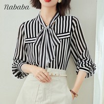 나바바 NB926 여성 세련미 데일리 스트라이프 리본넥 블라우스