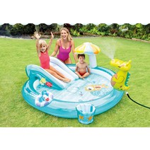 INTEX 아기 놀이터 야외 가정용 수영장 풀장 미끄럼틀 간이 미니 에어 바운스 분수, 화산섬 191x152cm