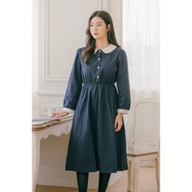 퍼빗 편한 배색 둥근카라 허리밴딩 플레어 롱 원피스-네이비