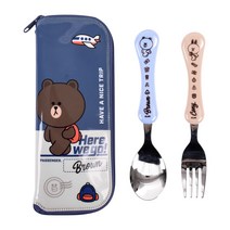 네이쳐메디랩 신학기 교정젓가락 수저 포크 세트 모음 기획전, 1개, 라인 브라운앤프렌즈 웨이브 스푼 포크 케이스세트