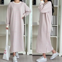 단가라 스트라이프 롱원피스 캐주얼 라운드넥 트임 봄원피스 홈웨어 이지웨어 미시룩