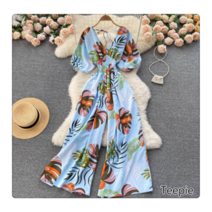 티피/Teepie 여성 브이넥 반팔 점프슈트 해변 바캉스 와이드 팬츠