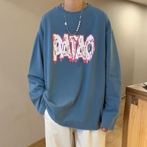 WZC 봄가을 남성 티셔츠 라운드 레터링 루즈핏 긴팔 상의 캐주얼 데일리 빅사이즈