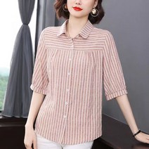 중년 여성 반팔 셔츠 엄마옷 스트라이프 5부 셔츠 루즈핏 중년 상의