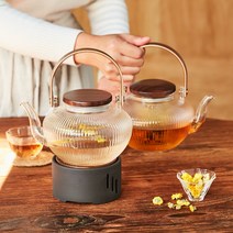 [티이야기 내열유리 티팟] 메이커 직화 찻주전자 차우리는도구 티워머 차우리기 세트 티포트, 08-1. 호두나무주전자(납작뚜껑)