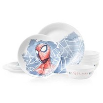 Corelle Vitrelle 12피스 식기 세트 3중 레이어 유리 및 깨짐 방지 경량 원형 접시 및 그릇 세트 마블 스파이더맨, Marvel Spider-Man