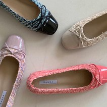 투톤 스퀘어 트위드 플랫슈즈 에나멜 리본플랫 3cm