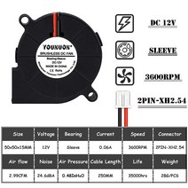 실링팬 천장실링팬 5015 50mm DC 24V 12V 5V 2 핀 듀얼 볼/슬리브 베어링 브러시리스 냉각 터빈 송풍기 팬, 07 12V Sleeve 3600RPM