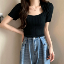 여성여름티셔츠 골지반팔티 기본 스퀘어넥