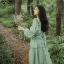 vsyoy 프랑스 부드러운 녹색 시폰 드레스 여성의 2023 봄과 가을 새로운 첫 사랑 낭만적 인 우아한 느슨한 긴 치마