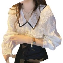 리더퀸 1-O-53 여성블라우스 여성셔츠 긴팔블라우스 루비 배색 카라 진주 레이스 셔츠 블라우스