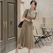 분위기 슈트 칼라 수수한 웨이스트 플리츠 스윙 스커트 직장용 원피스