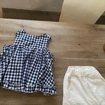 돌 아기 유아동 키즈 여자 아이 여름 자매룩 검은색 검정색 라운드넥 고방 체크 벌룬 프릴 민소매 나시 얇은 면 블라우스 티셔츠 오늘 출발