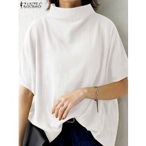 인과 순수 코튼 블라우스 여름 솔리드 터틀넥 반소매 백 지퍼 우아한 스 오버 사이즈
