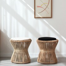 라탄 내추럴 등받이없는 보조 협탁 원목 나무 우드 원형 스툴 의자, 화이트