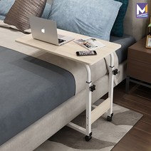MCOMPANY 컴퓨터 티테이블 사이드 협탁 간이 테이블 보조 침대옆 가정용 침실 바퀴형 원룸 안방 소파 이동식 우드 사무용 사무실 높낮이조절 책상 (화이트&우드_우노), 데스크/우노