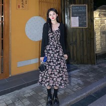 사이즈 요정 드레스 지방 MM 프랑스 부드러운 꽃 콘돌 벨트 스커트 세트 가을 검은 카디건 투피스, 블랙 카디건 드레스, 2XL 권장 140-160kg