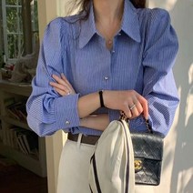 [썬데이베스트/무배/ 블루당일] 프렌치벌룬스트라이프블라우스 포인트블라우스 여성셔츠 여성블라우스 스트라이프셔츠 줄무늬블라우스 (2color)