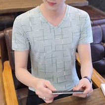 남성 t살얼음판 V깃유행 여름 뉴타입 반소매 티셔츠 단소, T04-2XL, C04-그린색