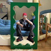 웨이브 전신 사진 바닥 거울 벽 소녀 침실 드레싱 거울 레드 인 거울, A.짙은녹색나무프레임+울트라화이트미러45x80