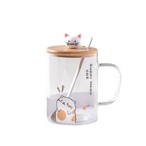 ANKRIC 머그잔 높은 붕규산 유리 창조적 인 만화 머그잔 뚜껑 숟가락 집 투명 컵 커피 컵 머그컵, 고객 서비스 의견을 찾으려면 나무 덮개가 있어야합니다