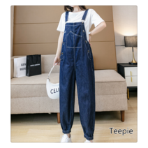 티피/Teepie네이비 데님 멜빵 여 여름 빈티지 디스트로이드 조거 팬츠 나시 점프슈트