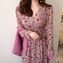 이유무무 플라워 쉬폰 롱 긴팔 원피스