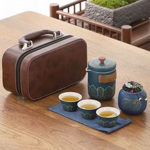 다도세트 휴대용 여행 다기 야외 티백도자기다기, 아쿠아블루, 한주전자세잔-찻잎통-레드케이스