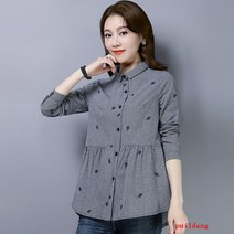 스트라이프면 린넨 셔츠 여성의 봄과 여름 큰 느슨한 긴 소매 배꼽 긴 자수 셔츠 탑