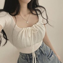 [발리걸] 썸머 스퀘어넥 글램 리본 셔링 크롭 반팔 니트