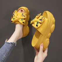 여름 여성 송편 통굽 8cm 키높이 샌들 리본 뮬 슬리퍼