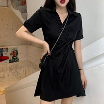 블랙 색상 여성 주름 라인 포인트 언발 원피스 스커트이지캐주얼원피스 편한여행패션 여름휴가철코디 반팔면원피스 배색소매원피스 20대데일리코디 여름데일리룩