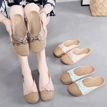 우먼 리넨 슬리퍼 꼬임 샌들 집 내부 미끌림 방지 단화, 브라운+그린