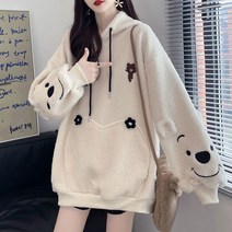 JUSTFEELING 100kg까지 후드 긴팔 맨투맨 캐릭터 오버핏 여자 주머니 윈터 따뜻한 티셔츠 상의 3컬러