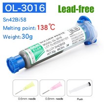 저온알루미늄용접봉 무연 주사기 smd 솔더 페이스트 플럭스 납땜용 저온 Led Sn42Bi58 138 ℃ SMD 수리, 02 OLK Sn42Bi58 30g, 02 OLK Sn42Bi58 30g