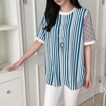 여성 라운드넥 스트라이프 반팔 블라우스