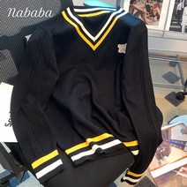 나바바 NK771 여성 빈티지 캐주얼 라인 배색 브이넥 니트티