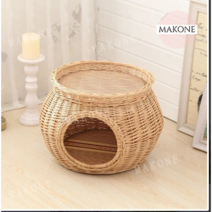 Makone 상표등록 강아지 고양이 숨숨집 라탄하우스, 벌꿀색(쿠션)