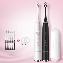 스마트 음파 전동칫솔2P + 교체형 칫솔모10P 커플 세트, 화이트+블랙+칫솔모10P