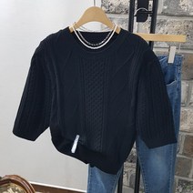 상상그이상 여성용 국내제작 피셔 꽈배기 라운드 퍼프니트 고급소재 탄탄한 짜임의 부드럽고 따뜻한 루즈핏 반팔니트 가볍게 입기좋은 간절기 여성스런 니트티