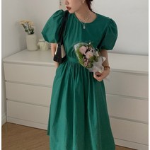 BANHANY 벨로나 뒷트임 리본 밴딩 셔링 퍼프 반팔 롱 플레어 원피스 4color 22052727
