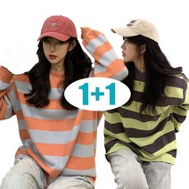 꽃소담 1+1 여성 봄가을 스트라이프 긴팔티셔츠 오버핏 맨투맨 QQJ527