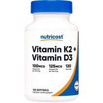 Nutricost Vitamin K2 (MK7) (100mcg) ＋ Vitamin D3 (5000 IU) 120 Softgels - Gluten Free and Non-GMO