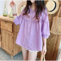 파즈마 코튼린넨 퍼프소매 프릴 루즈핏 블라우스 P220054