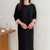 위시엘 주름 플리츠 배색 7부소매 스판 롱 원피스