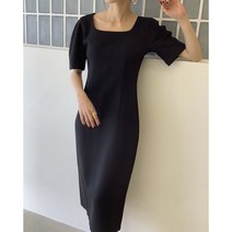 하프문 심플 클래식 슬림 라인 크레이프 블랙 미디 원피스 / 스퀘어넥 둥근 소매 H라인 허리 잘록 드레스 / 마이비클로젯