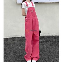 오르난 여성 모던 핑크 스트레이트 데님 멜빵 팬츠 R3547