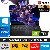 MSI 벡터 Vector GP76 12UGS QHD i7-12700H RTX3070Ti 윈도우11 17인치 게이밍 노트북, 블랙, 코어i7, 1TB, 32GB, WIN11 Home